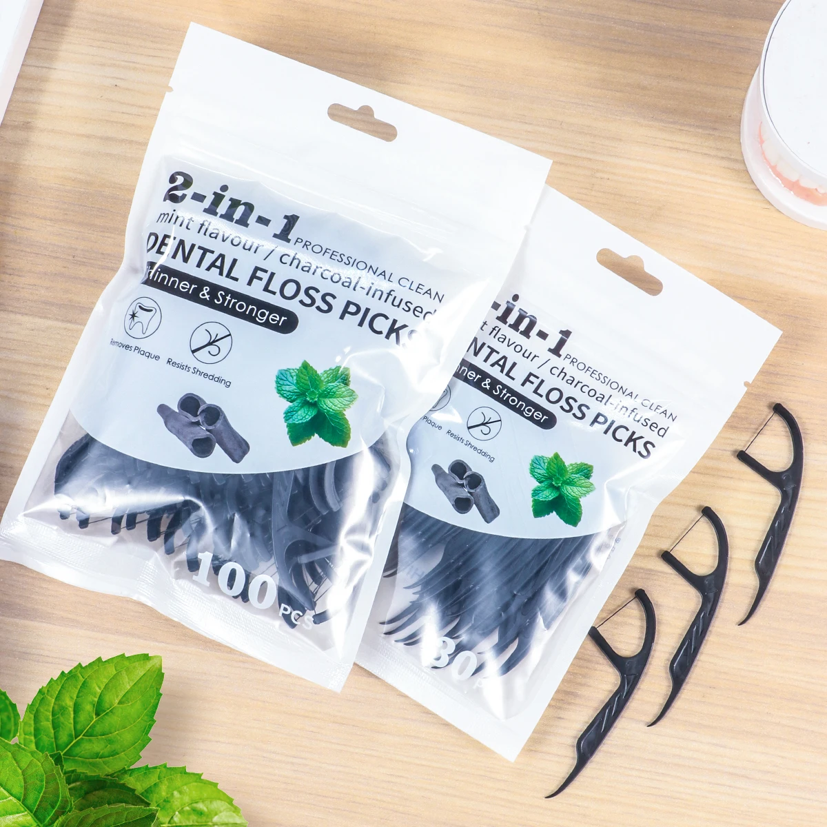 Palo de hilo dental bambú carbón para niños – Sabor menta ultrafino - imagen 2