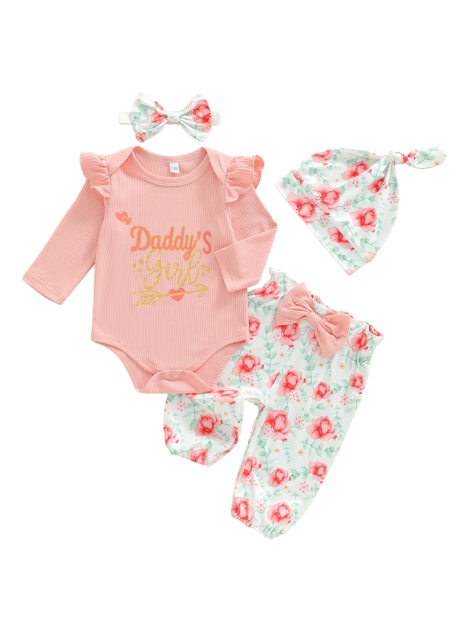Conjunto completo bebé niña con pelele, pantalón floral y accesorios