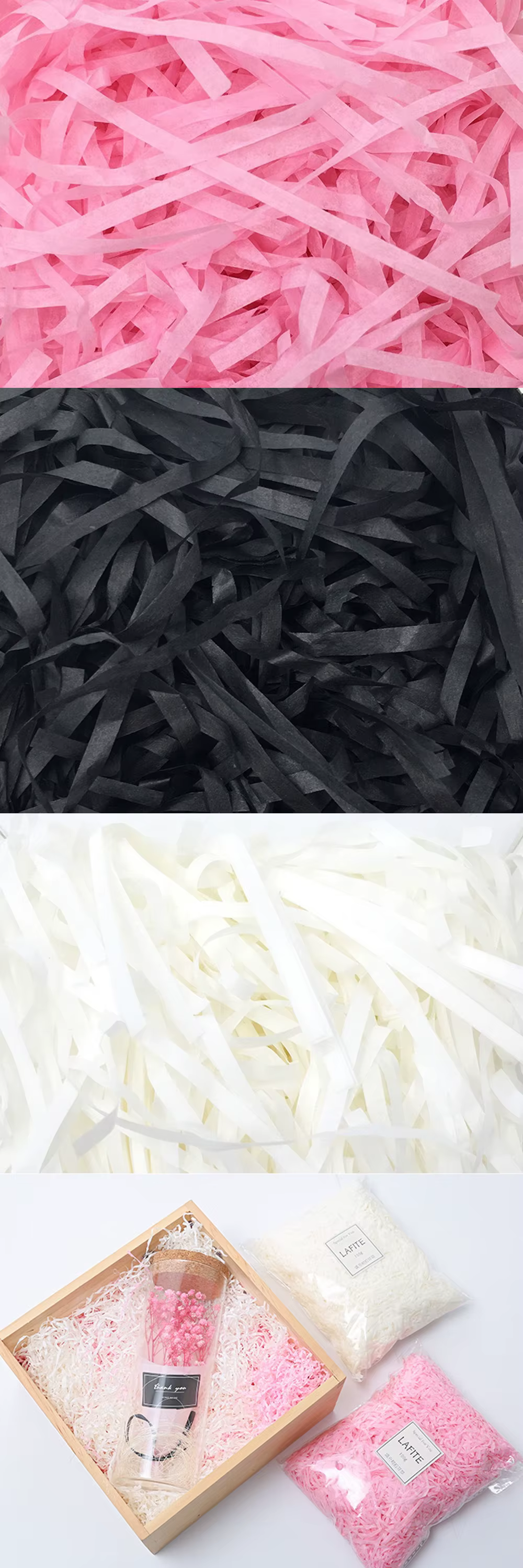 Papel triturado decorativo en colores blanco, negro y rosa