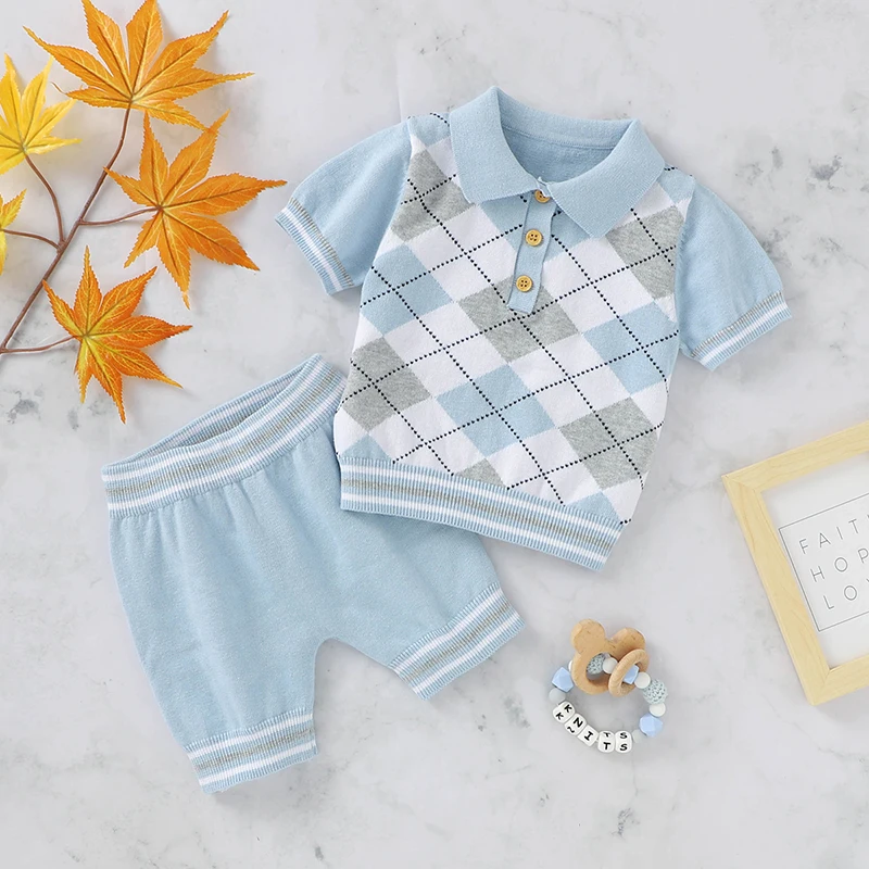 Conjunto bebé niño azul - Camiseta cuello alto y shorts de algodón - imagen 2