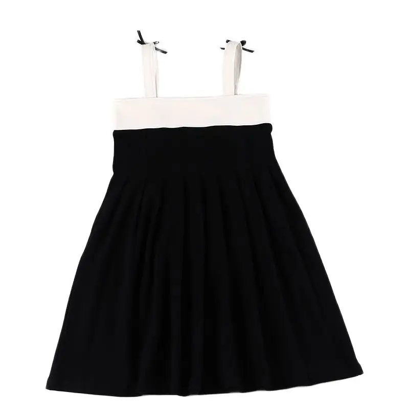 Vestido de cuero y algodón negro con tirantes y lazos para niña - imagen 2