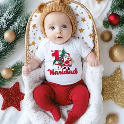 Mono bebé de Navidad con Papá Noel español, manga corta