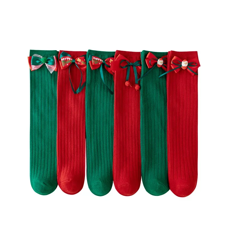 Calcetines hasta la rodilla de algodón con lazo para niñas rojo y verde - imagen 4