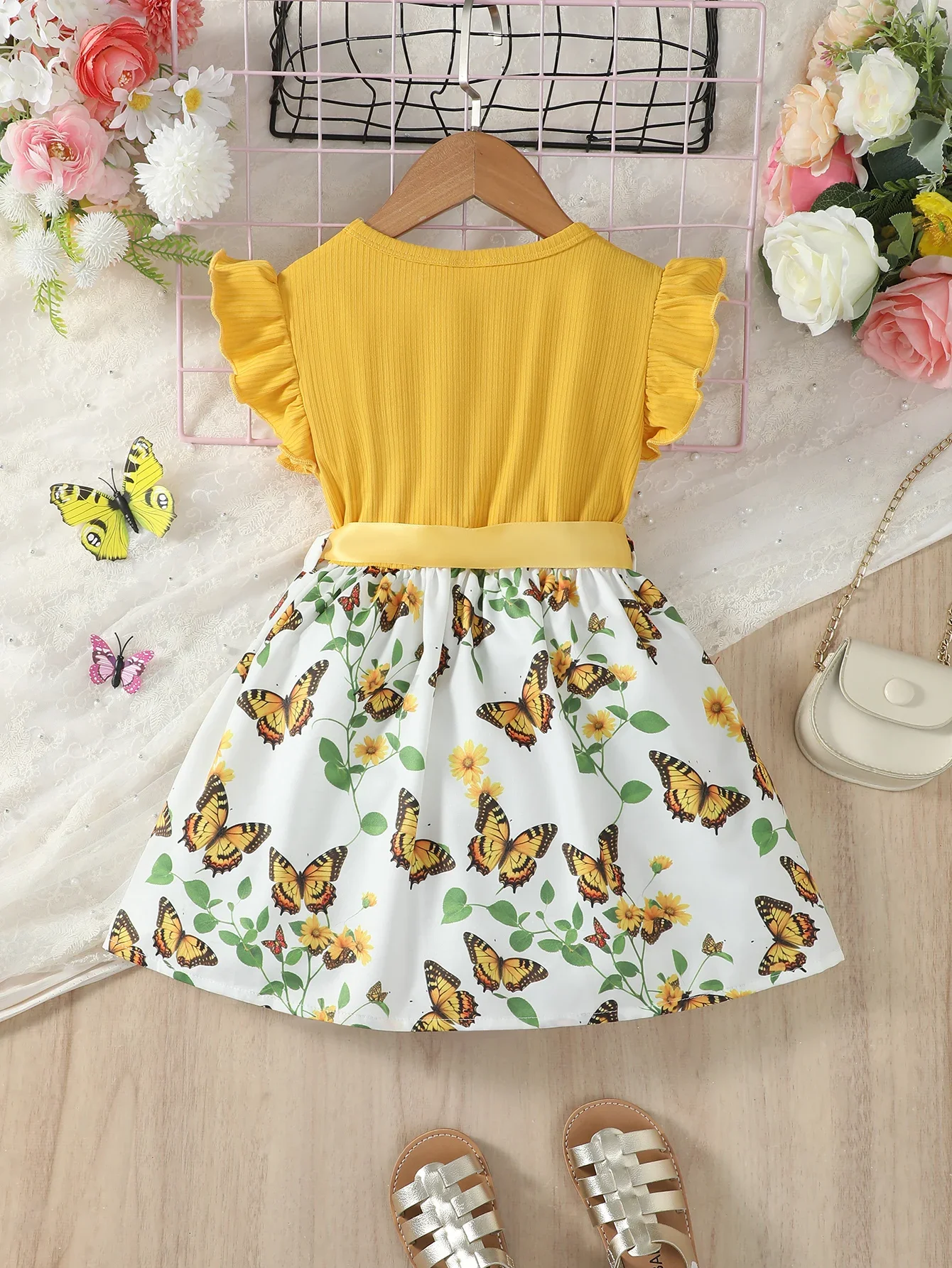 Vestido de verano para niña con estampado de mariposa y lazo - imagen 4
