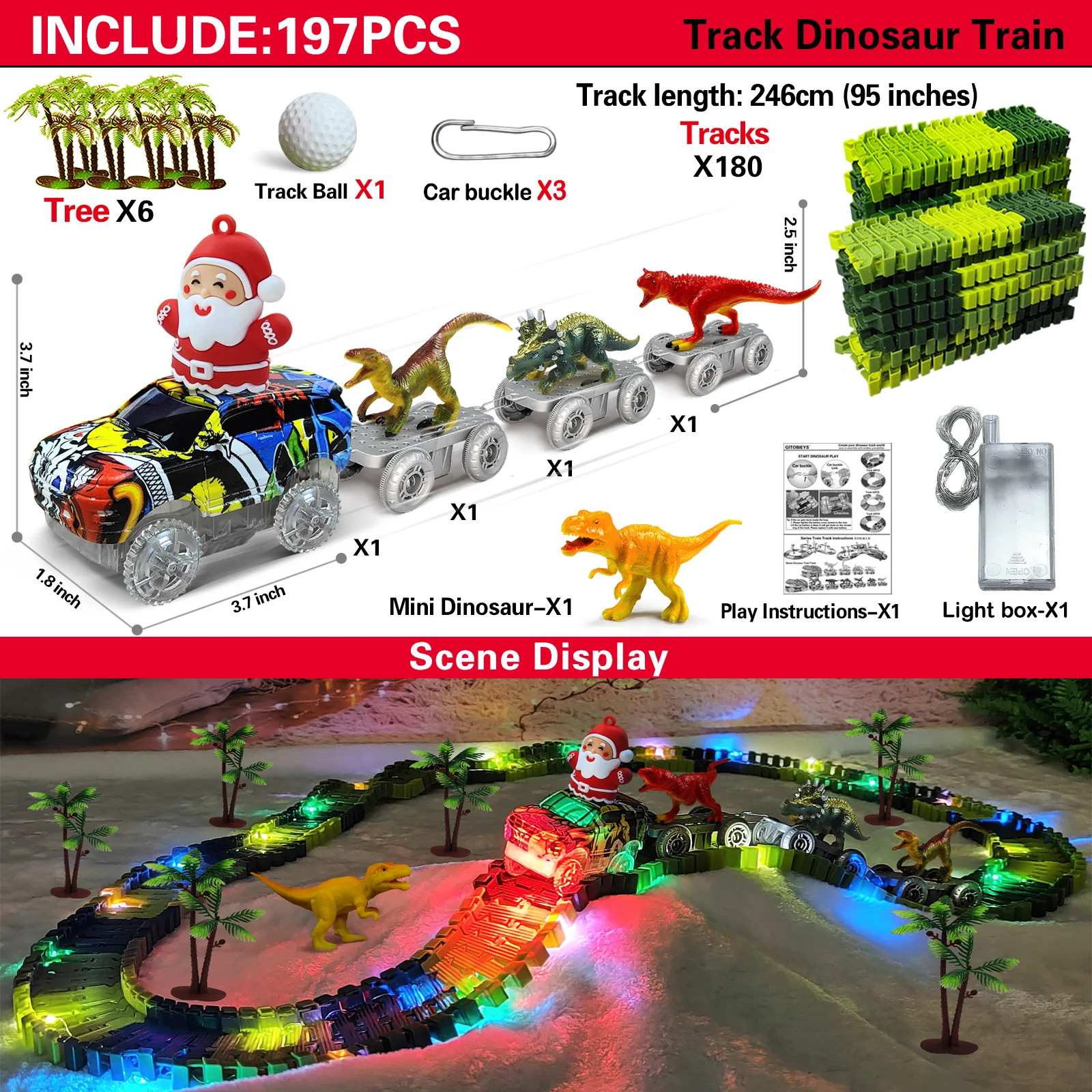 Coche de Santa Claus en pista de dinosaurios