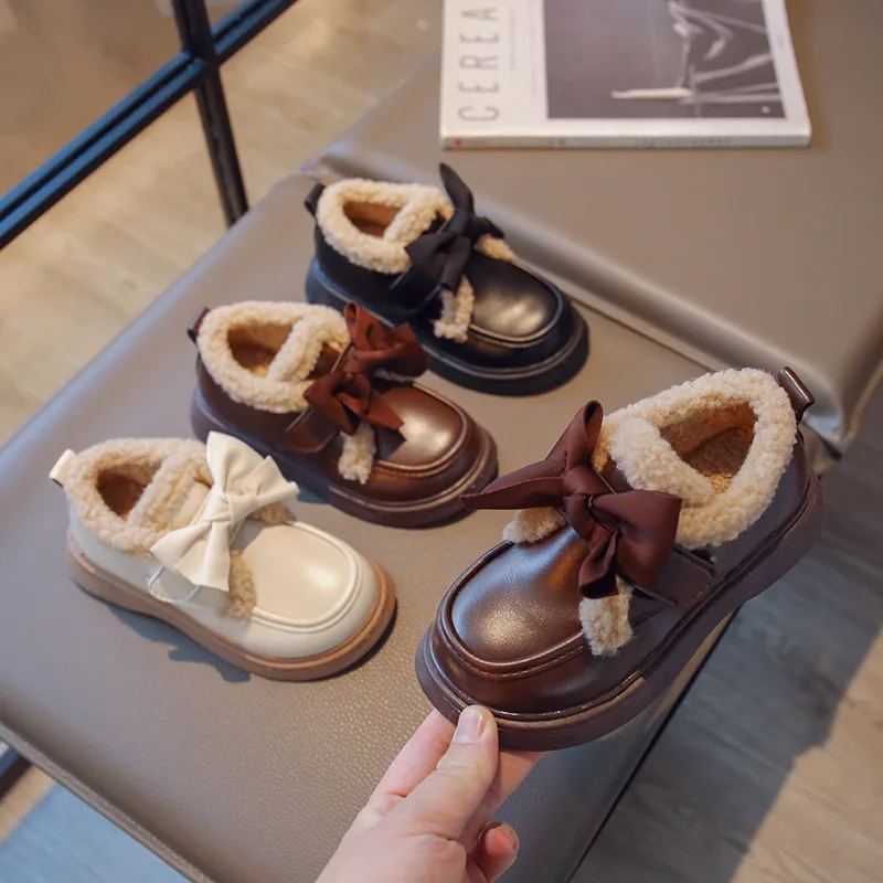 Zapatos de invierno para niños – Mocasines de cuero con lazo y suela gruesa