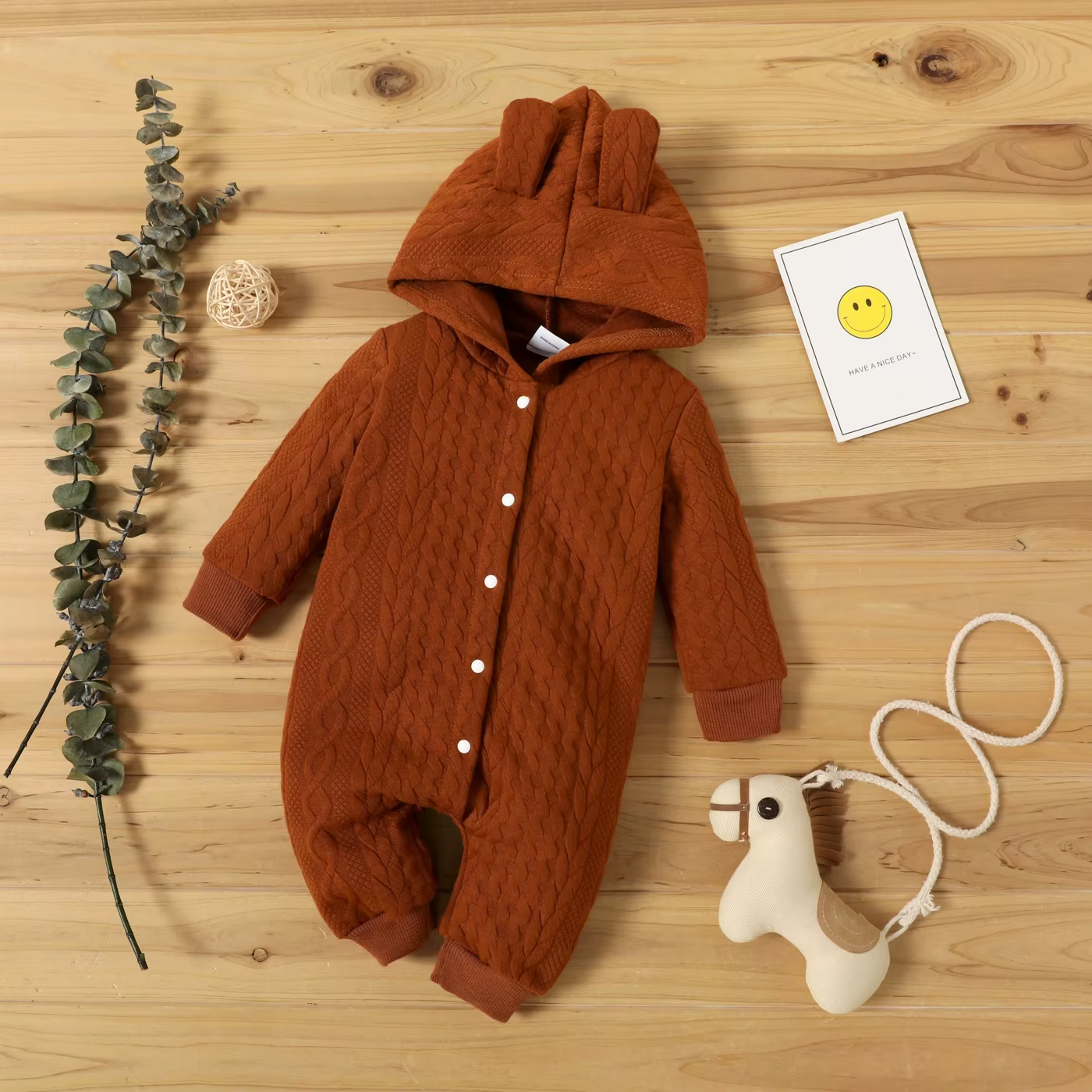 Mameluco de otoño-invierno con capucha y orejas para bebé suave - imagen 2