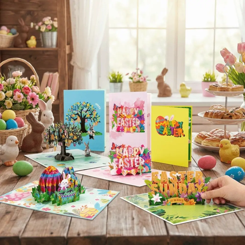 Tarjeta de Pascua 3D plegable con sobre y conejo talla a mano - imagen 4