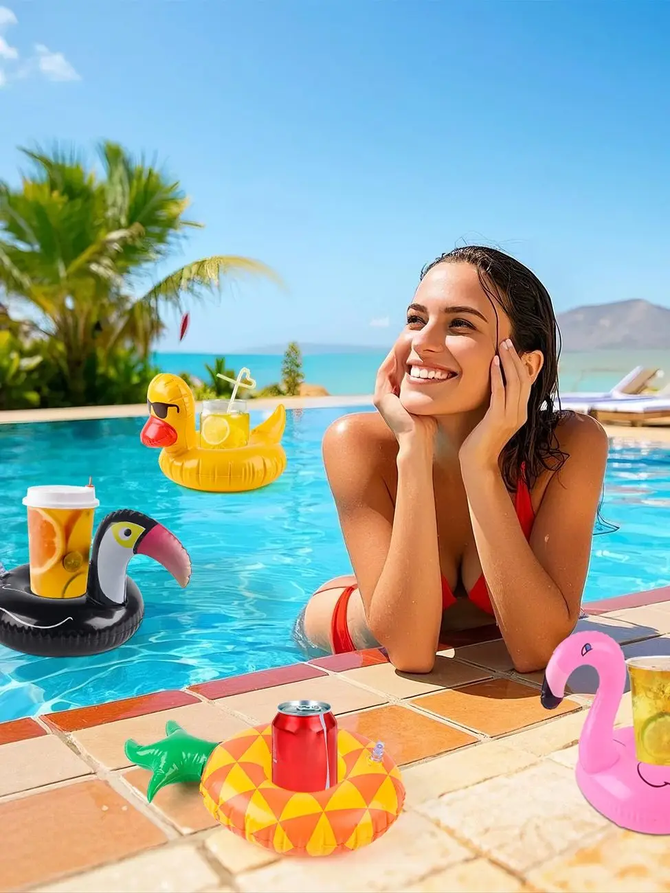 Portavasos flotante inflable para piscina en uso
