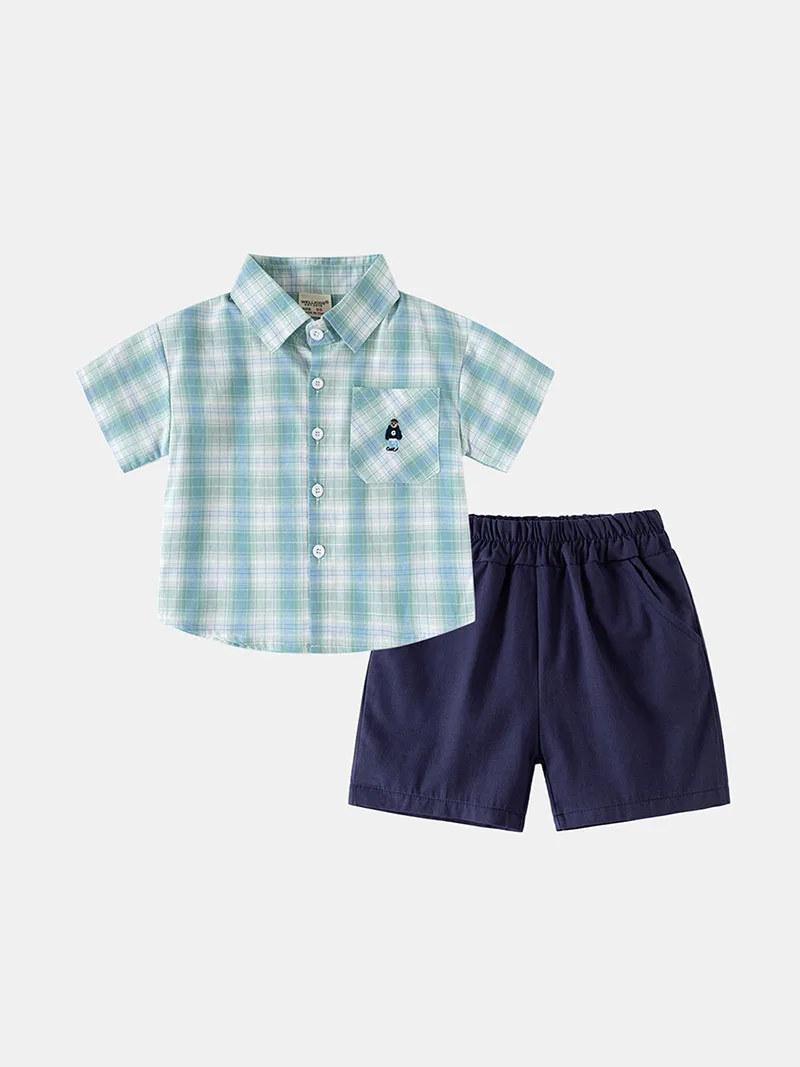 MILANCEL conjunto de verano para niños con camisa de cuadros y shorts