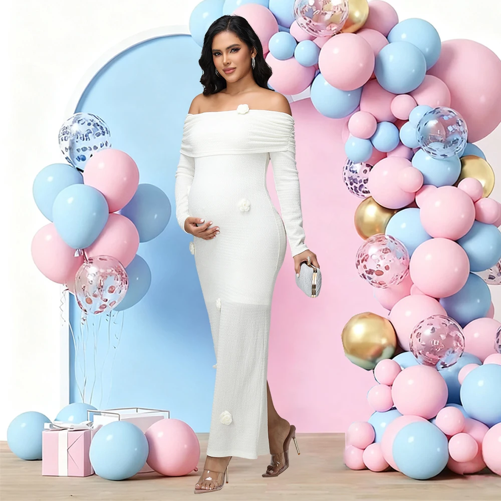 Vestido de maternidad floral con hombros descubiertos y manga larga - imagen 2