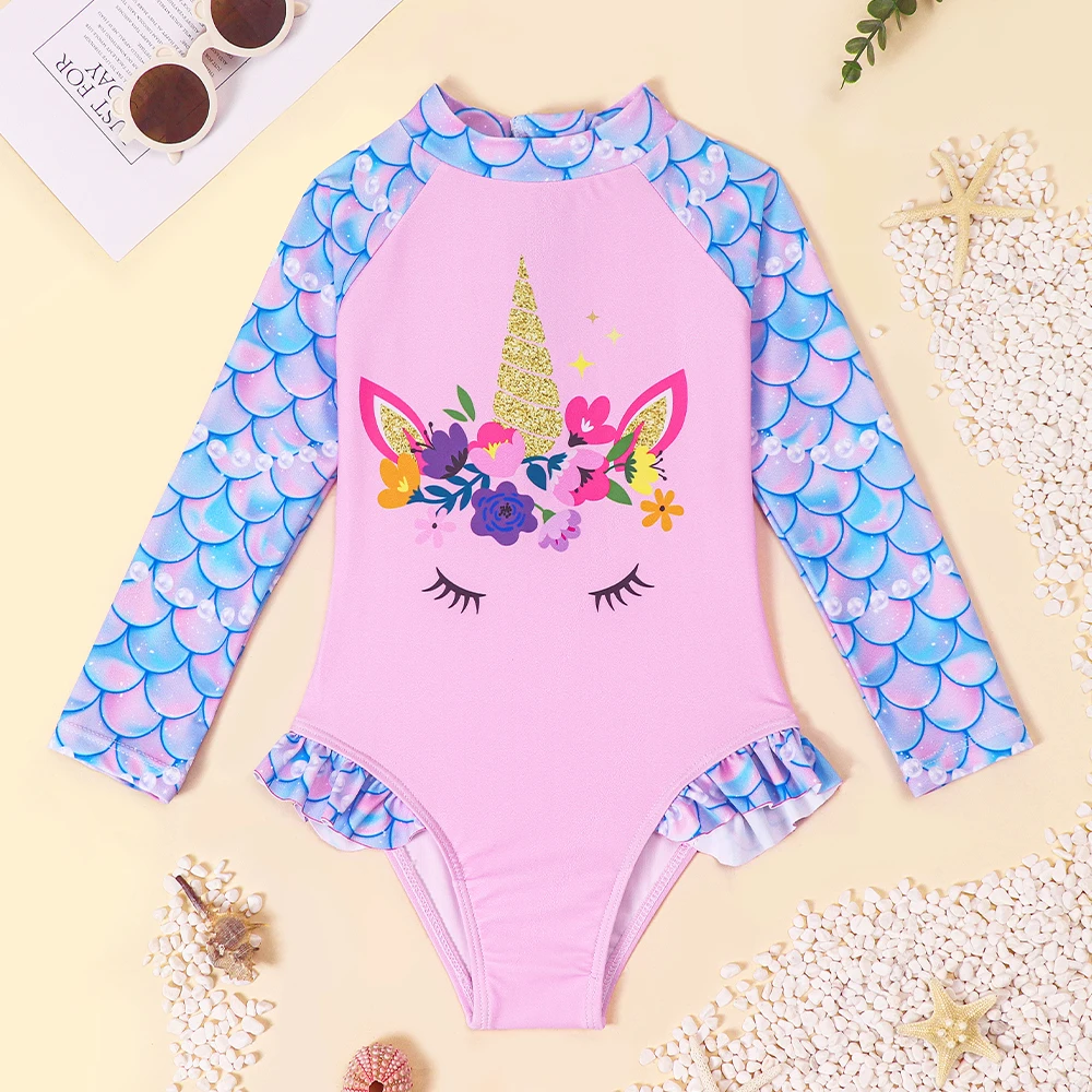 Traje de baño manga larga para niña con volantes, una pieza