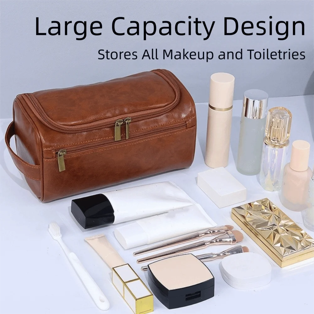 Bolsa de aseo portátil impermeable de cuero PU con gancho colgante - imagen 3