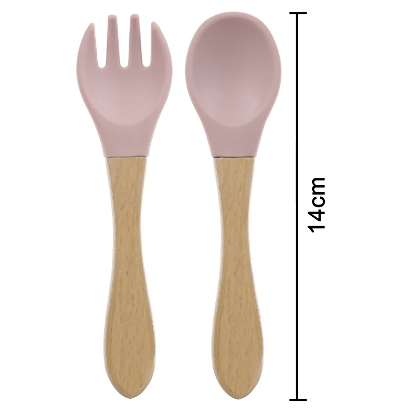 Cuchara y tenedor de silicona con mango de madera ergonómico para bebé - imagen 2