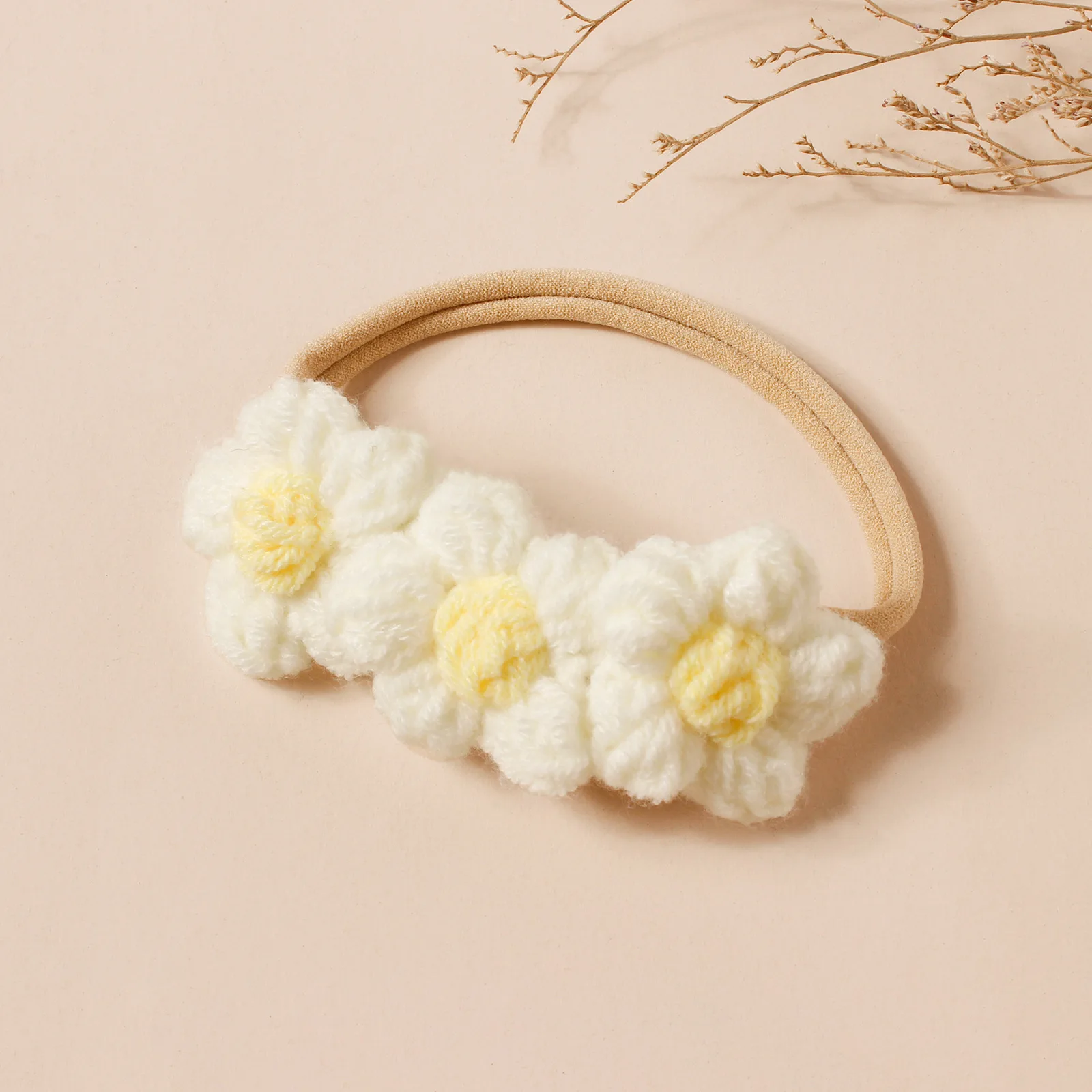 Set diadema tejida con flores y gorro suave para bebé