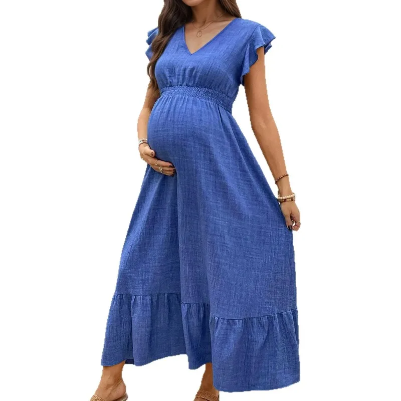 Vestido de embarazo largo con volantes y cuello en V para verano - imagen 3