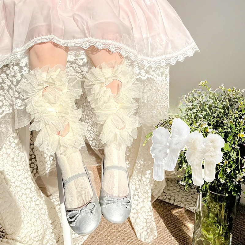 Calcetines altos para niñas con volantes de encaje estilo princesa - imagen 2