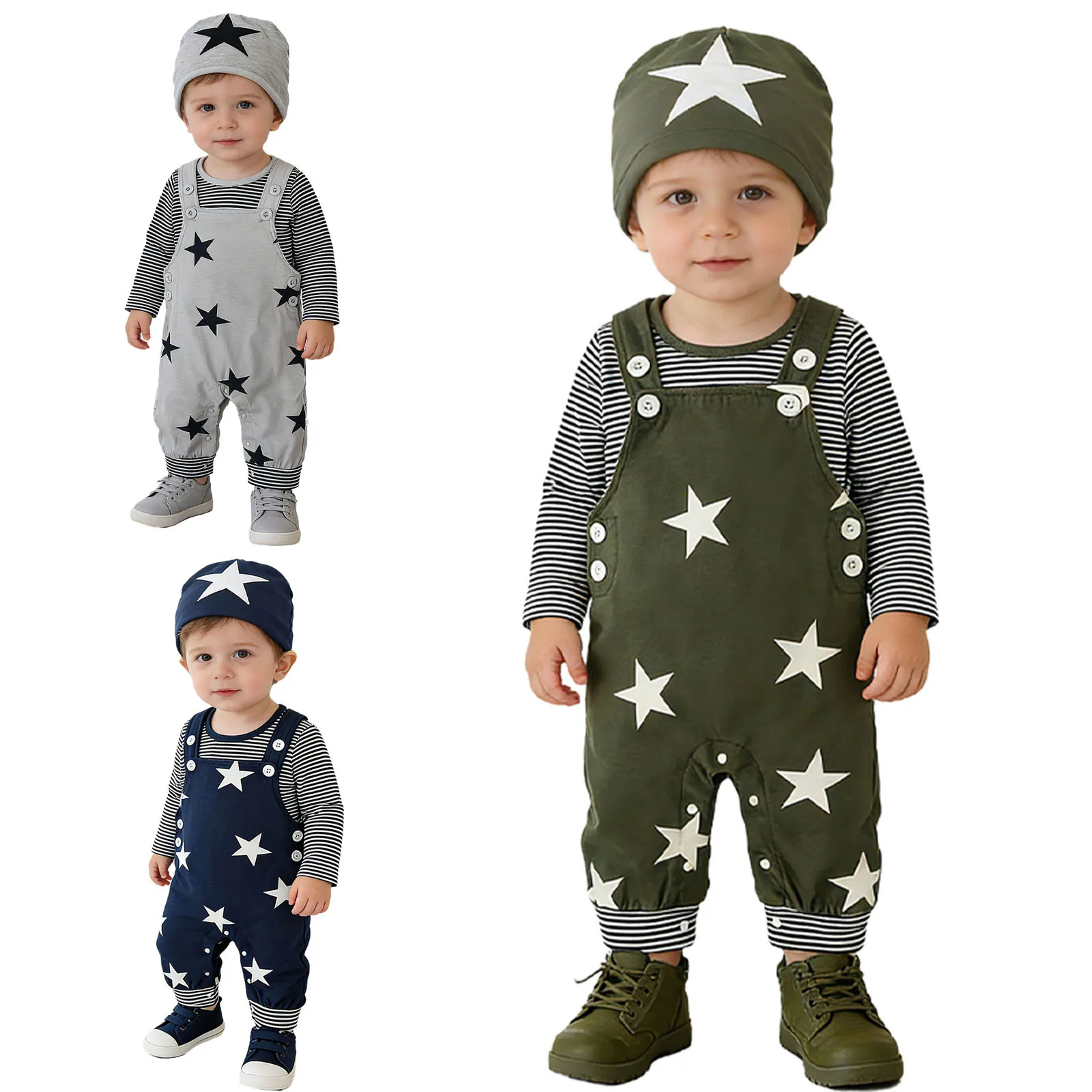 Bebé con conjunto de camiseta de rayas, mono con estrellas y gorro
