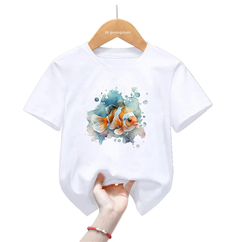 Camiseta infantil de pez payaso estilo acuarela manga corta Harajuku Kawaii - imagen 3