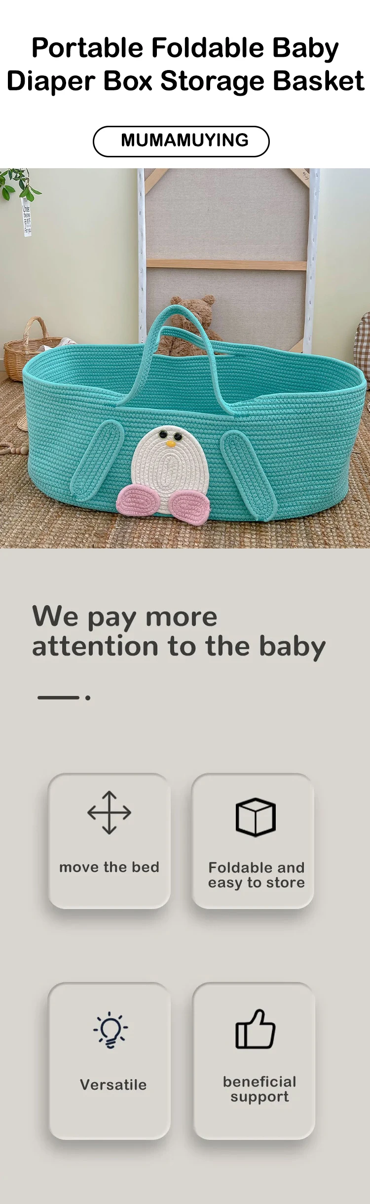 Cesta de Moisés tejida con cuerda de algodón para bebé estilo pingüino