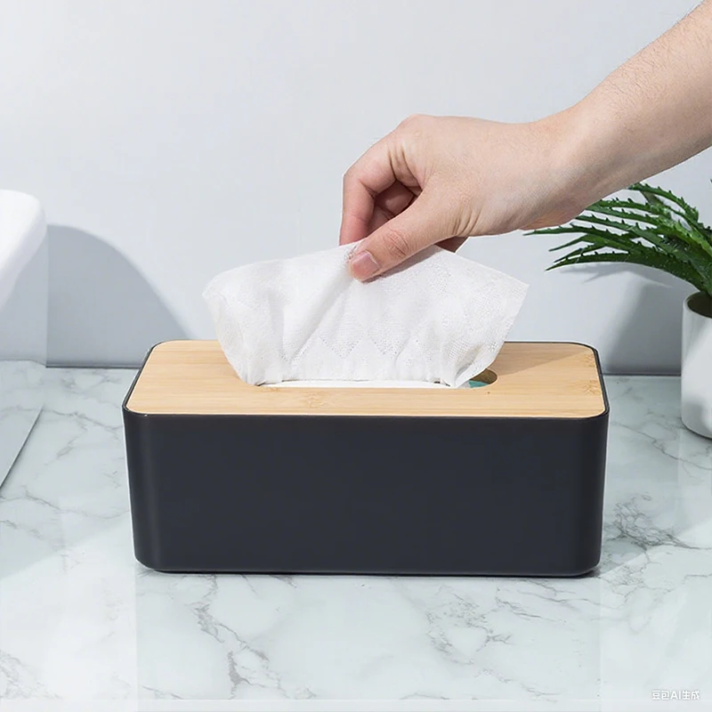 Caja de pañuelos negra para escritorio con soporte de almacenamiento - imagen 4