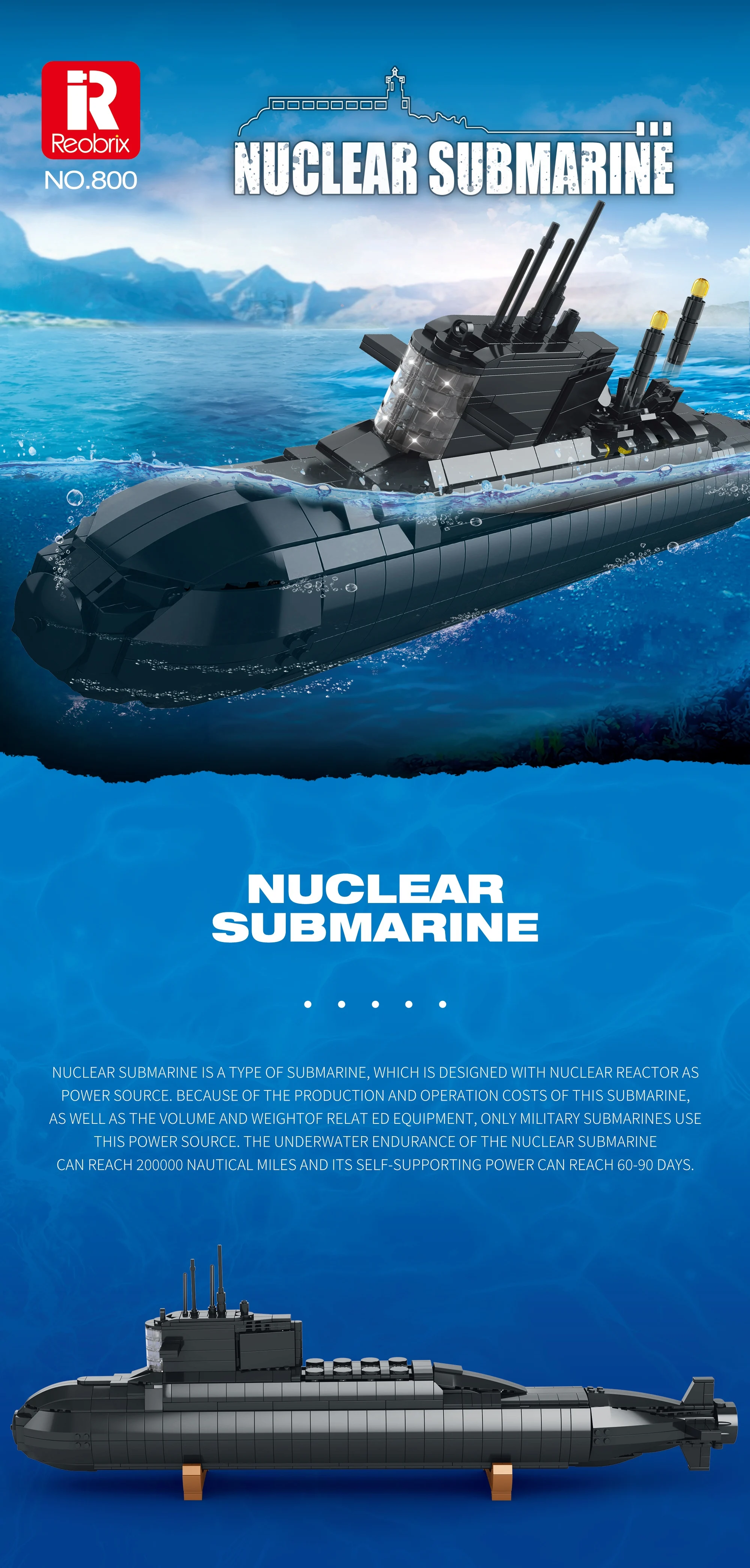 Submarino militar de bloques, vista general