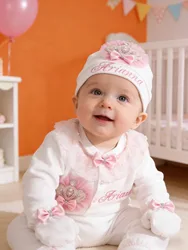 Conjunto de corona rosa bebé niña bordada con nombre para bautizo