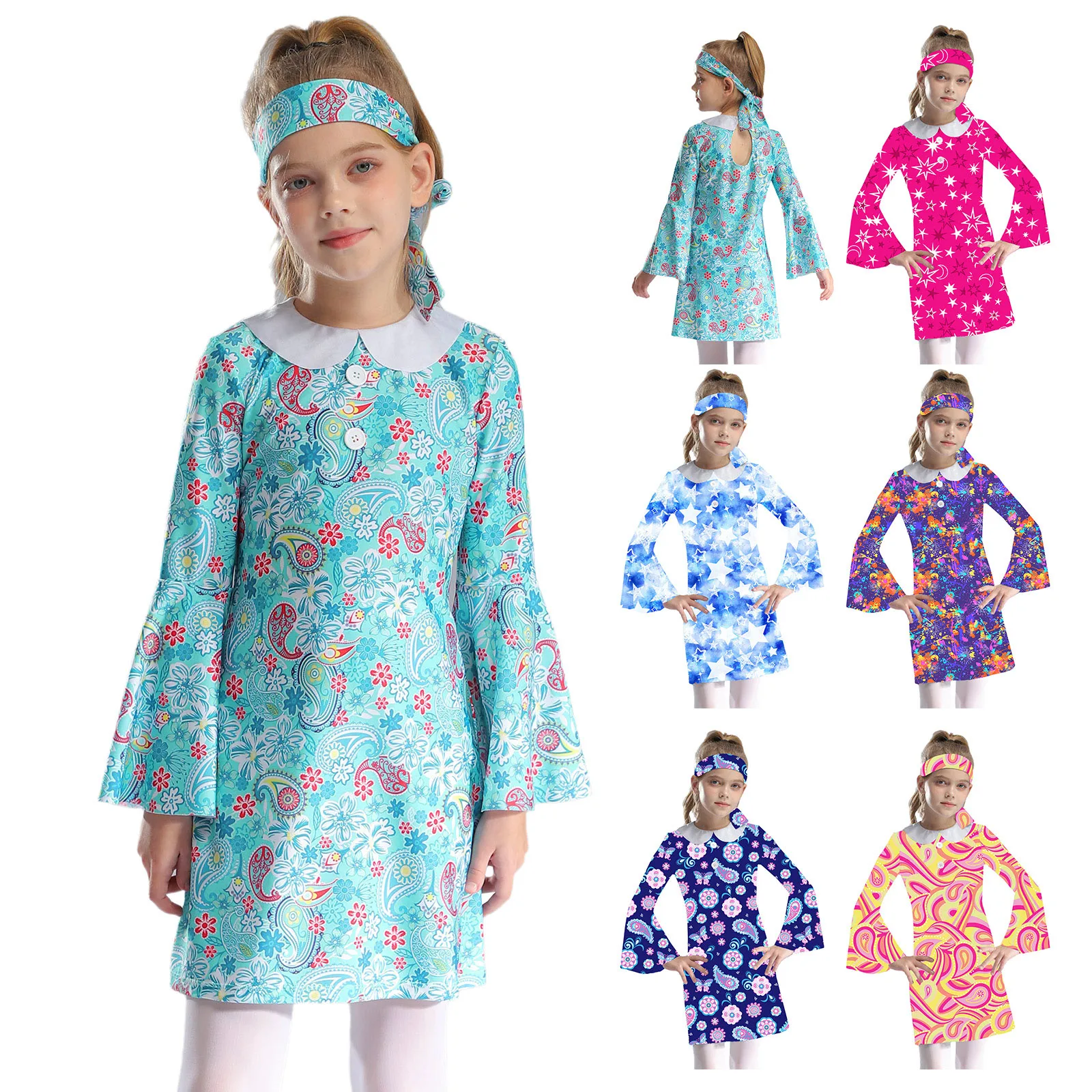 Vestido hippie retro de manga acampanada para niñas, estampado - imagen 5