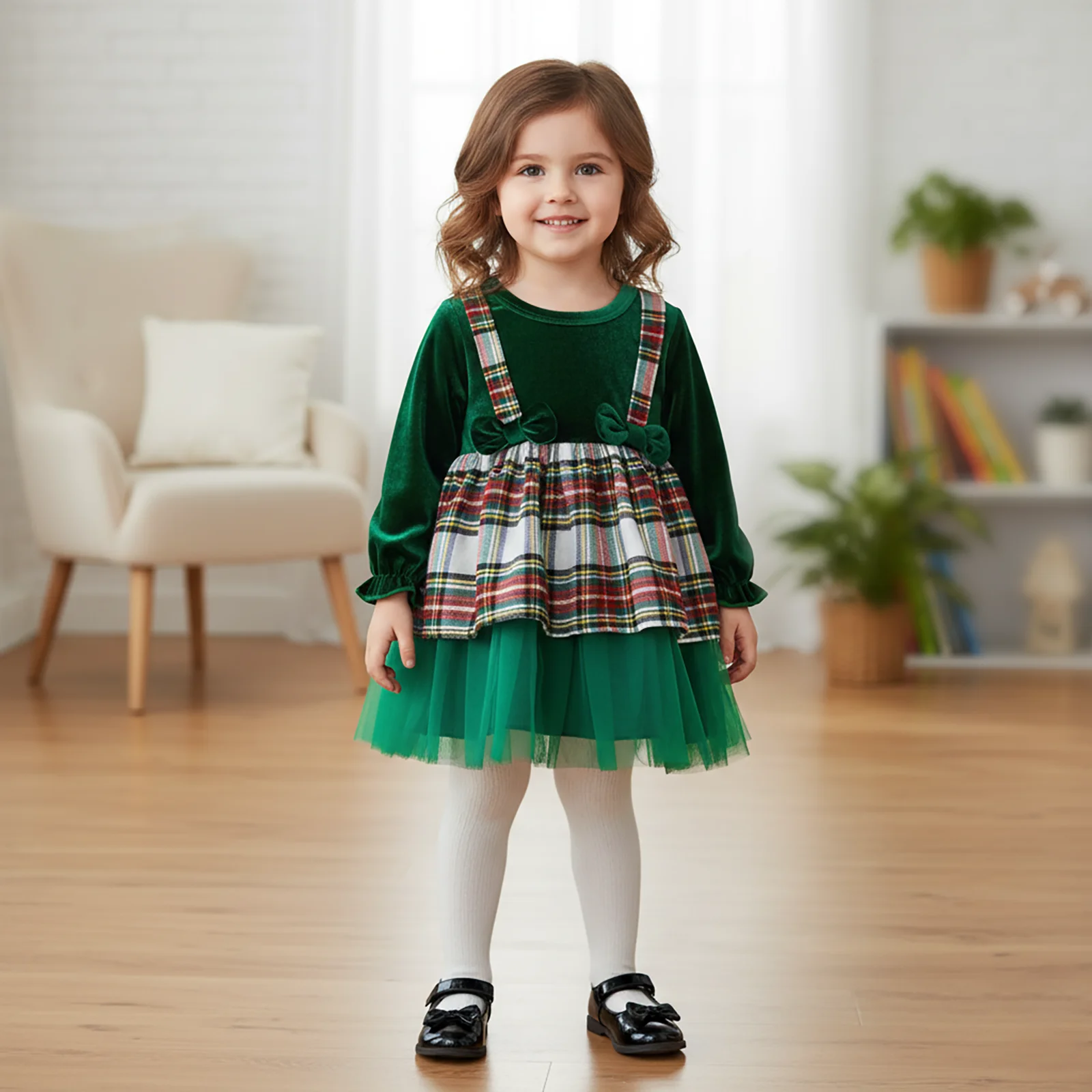 ViSgogo Vestido de Navidad terciopelo niña – Manga larga cuadros