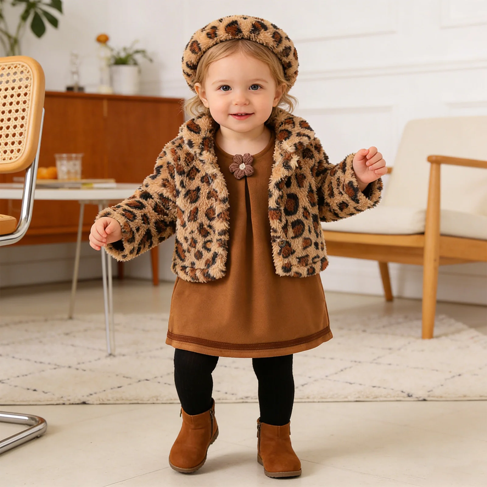 Abrigo polar para niña con estampado leopardo y vestido floral