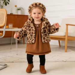 Abrigo polar para niña con estampado leopardo y vestido floral