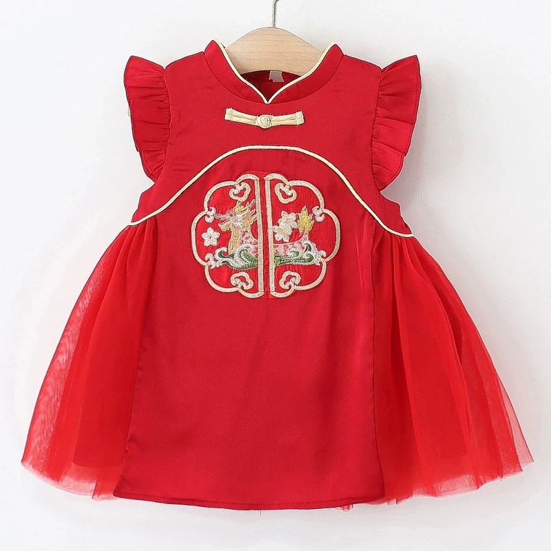 Vestido de verano rojo en malla sin mangas con bordado para niña - imagen 3