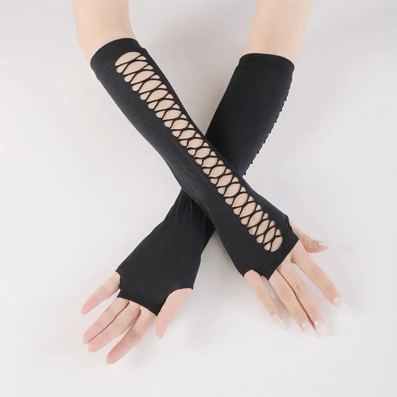 Guantes sin dedos de malla estilo gótico para mujer, largos - imagen 3
