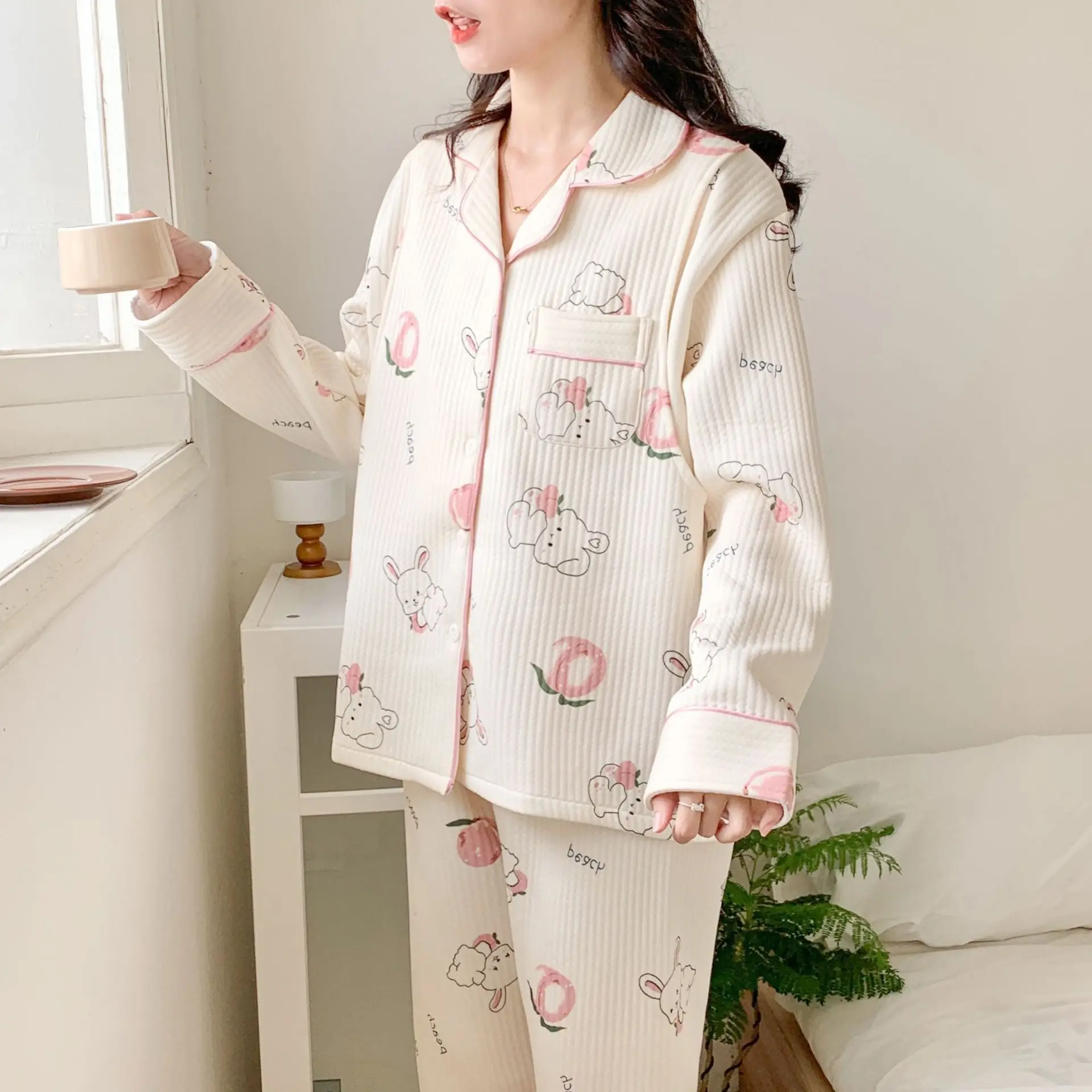 Conjunto de lactancia de invierno con cárdigan y pijama posparto - imagen 4