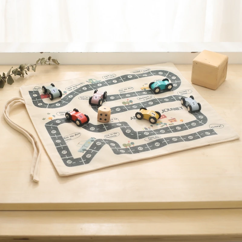 Tapete Montessori lona con mapa tráfico y coche madera para bebé