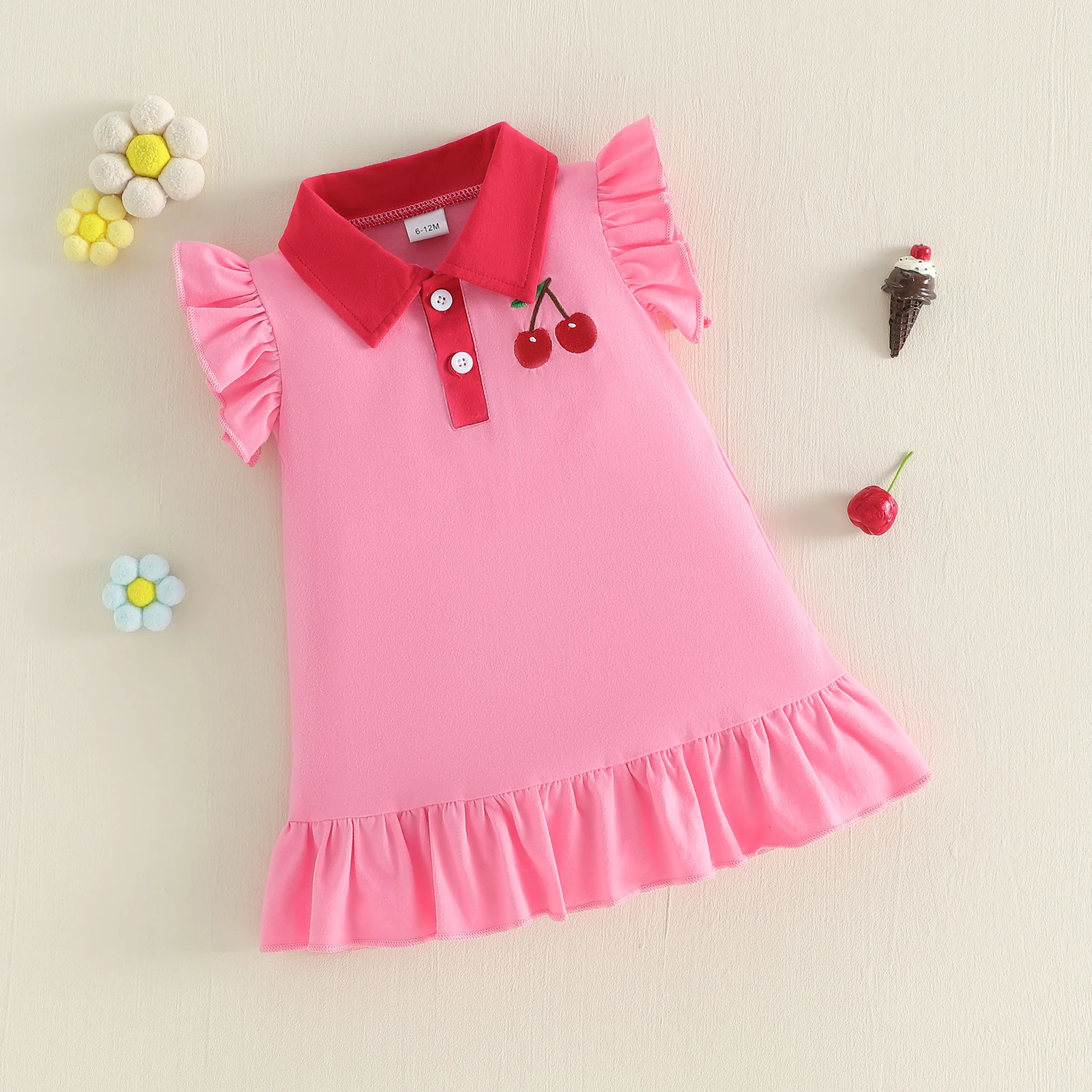 Vestido verano niña con volantes, cerezas, cuello vuelto y A - imagen 2