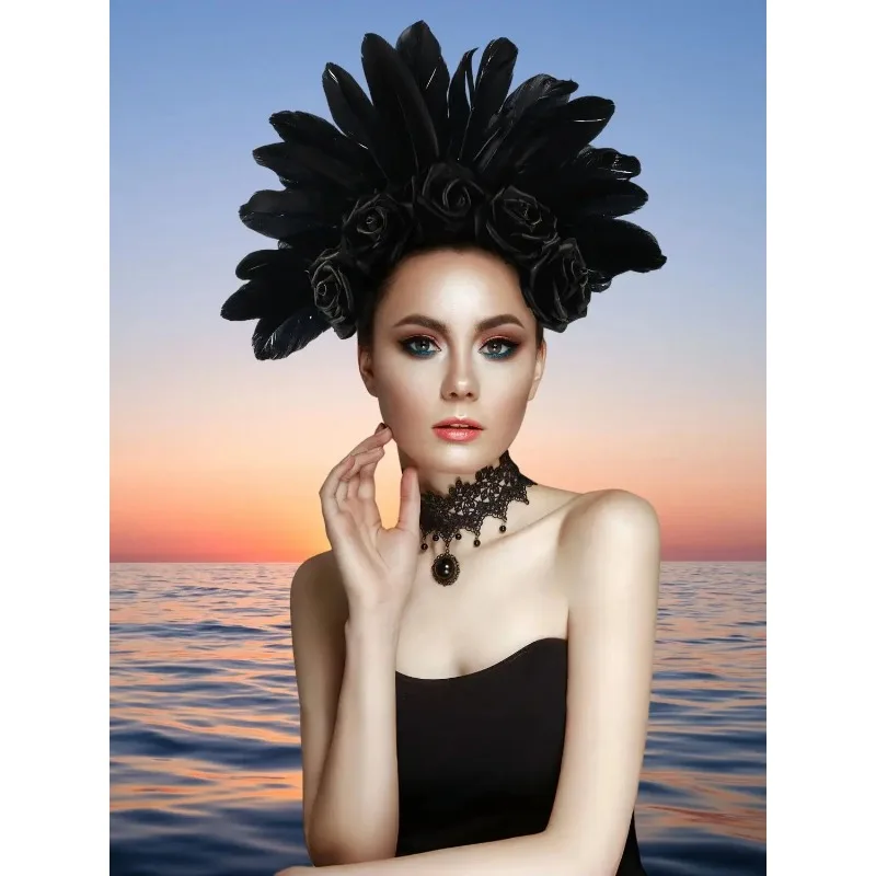 Diadema floral Día de los Muertos Halloween de rosas y plumas - imagen 5