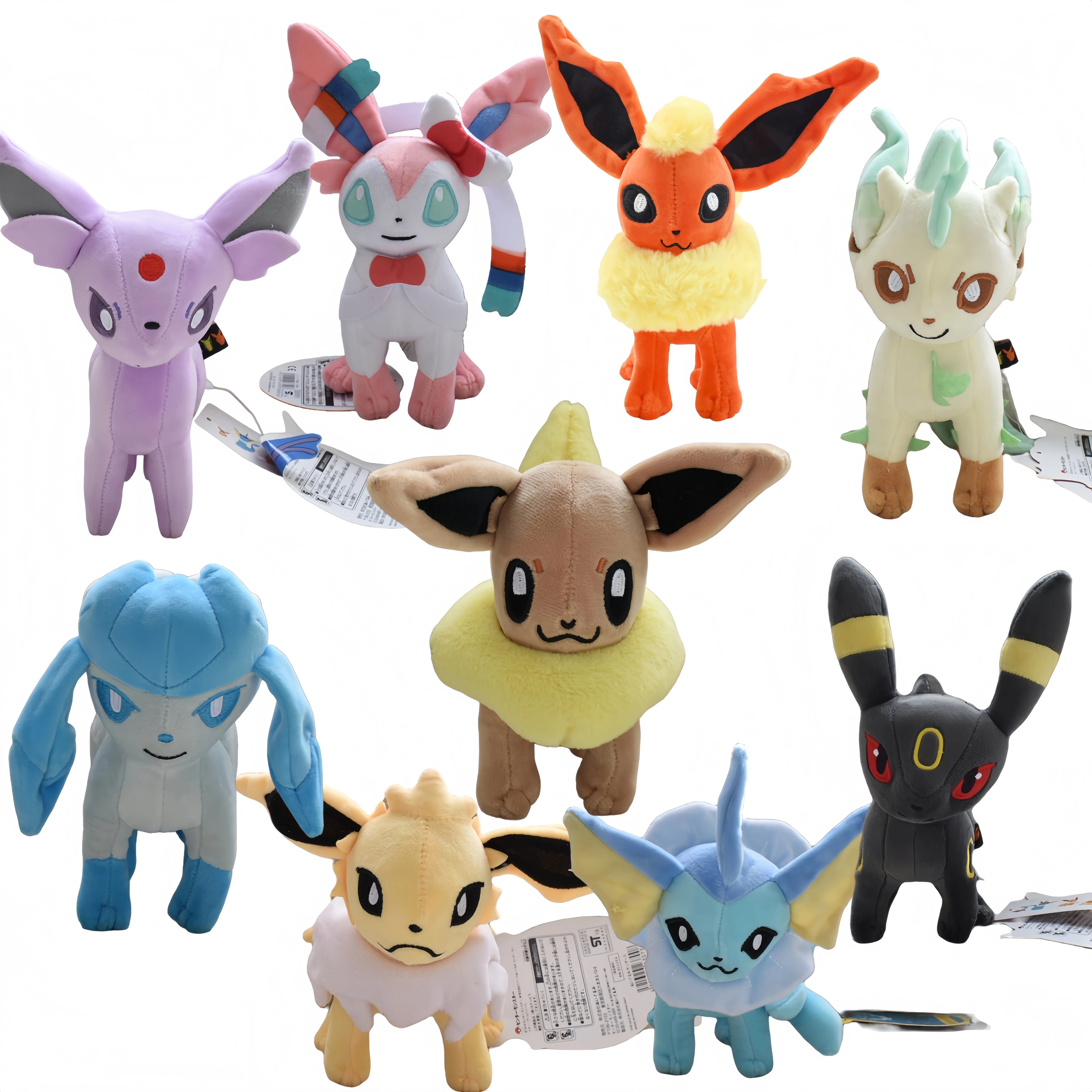Peluches Eevee y evoluciones en colores distintivos