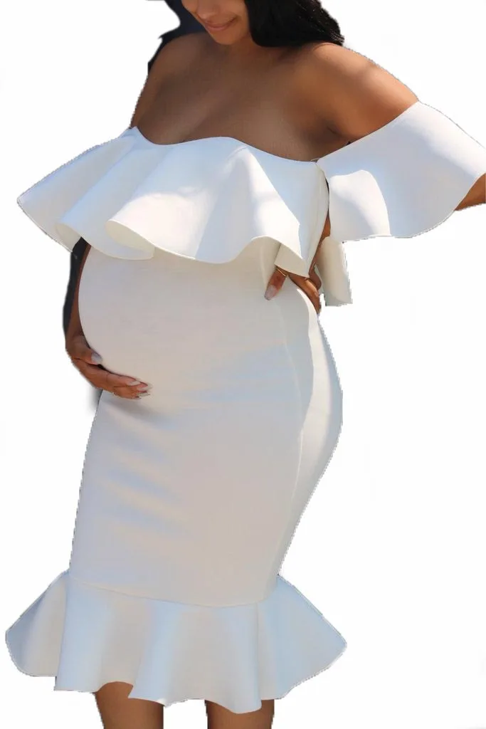 Vestido de maternidad largo elástico con cuello de volantes para fotos - imagen 5