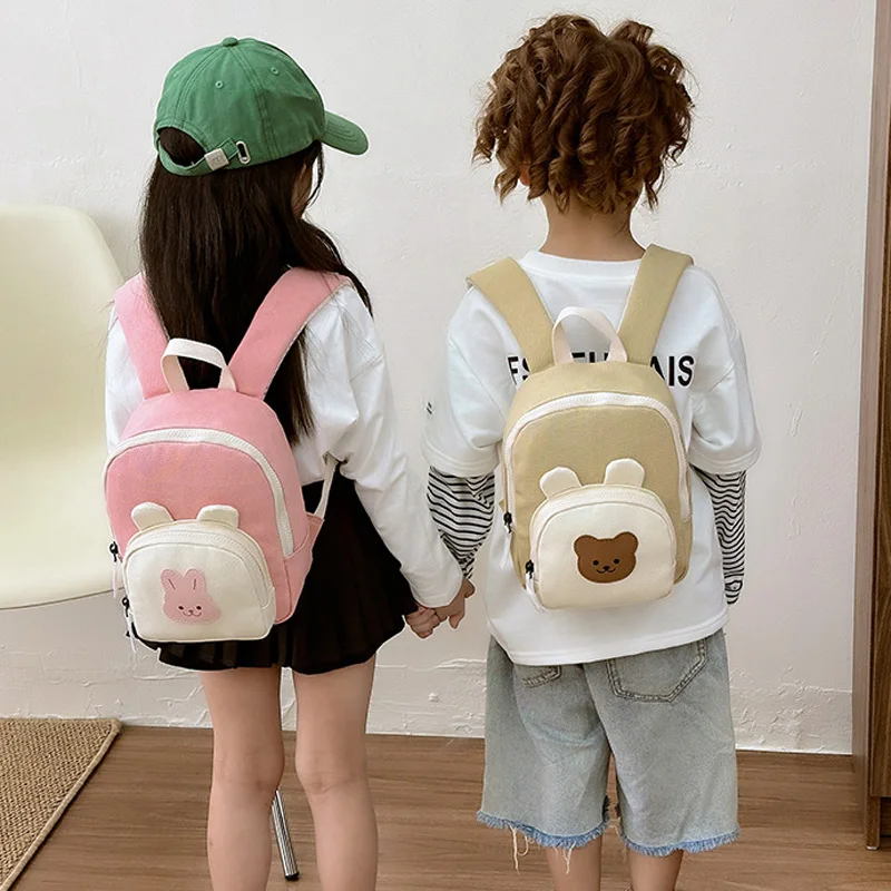 Mochila infantil de lona para bebé con dibujo de oso y conejo bonito - imagen 2