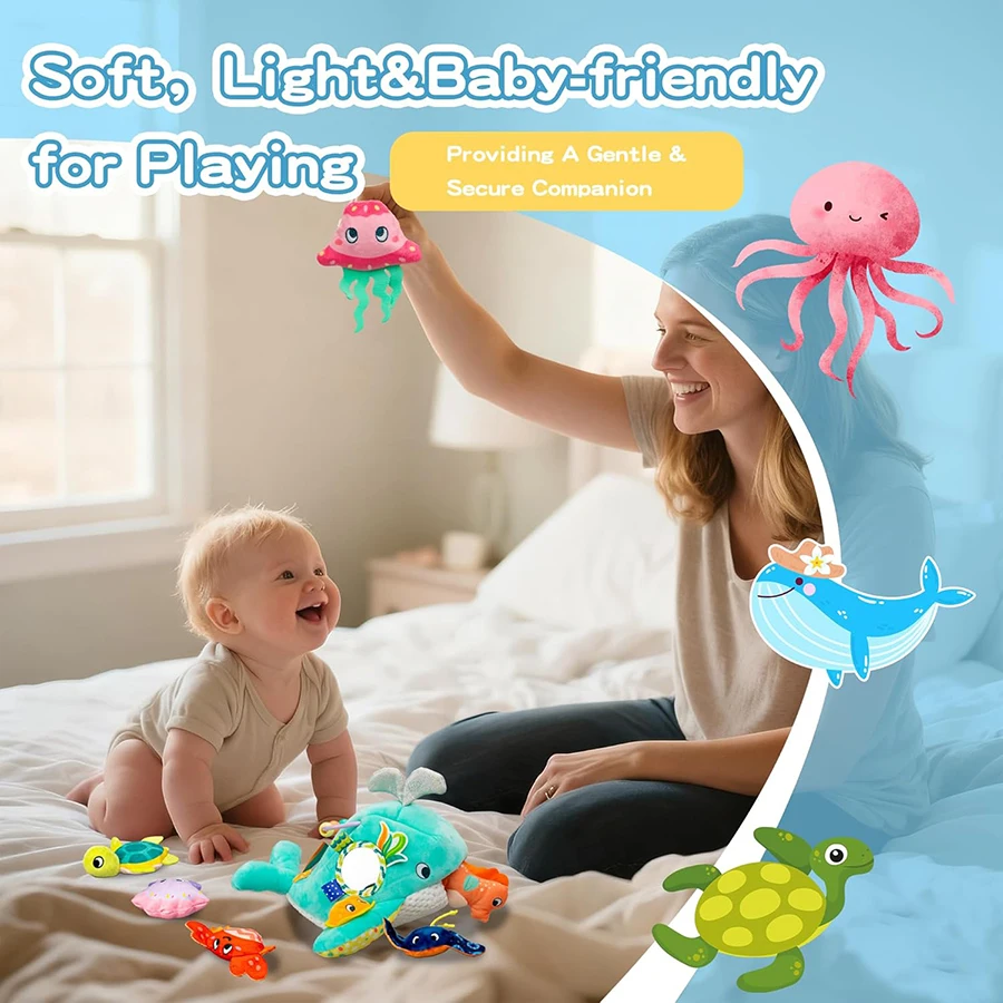 Peluche ballena sensorial Ocean Friends con sonajero y chirriador - imagen 5