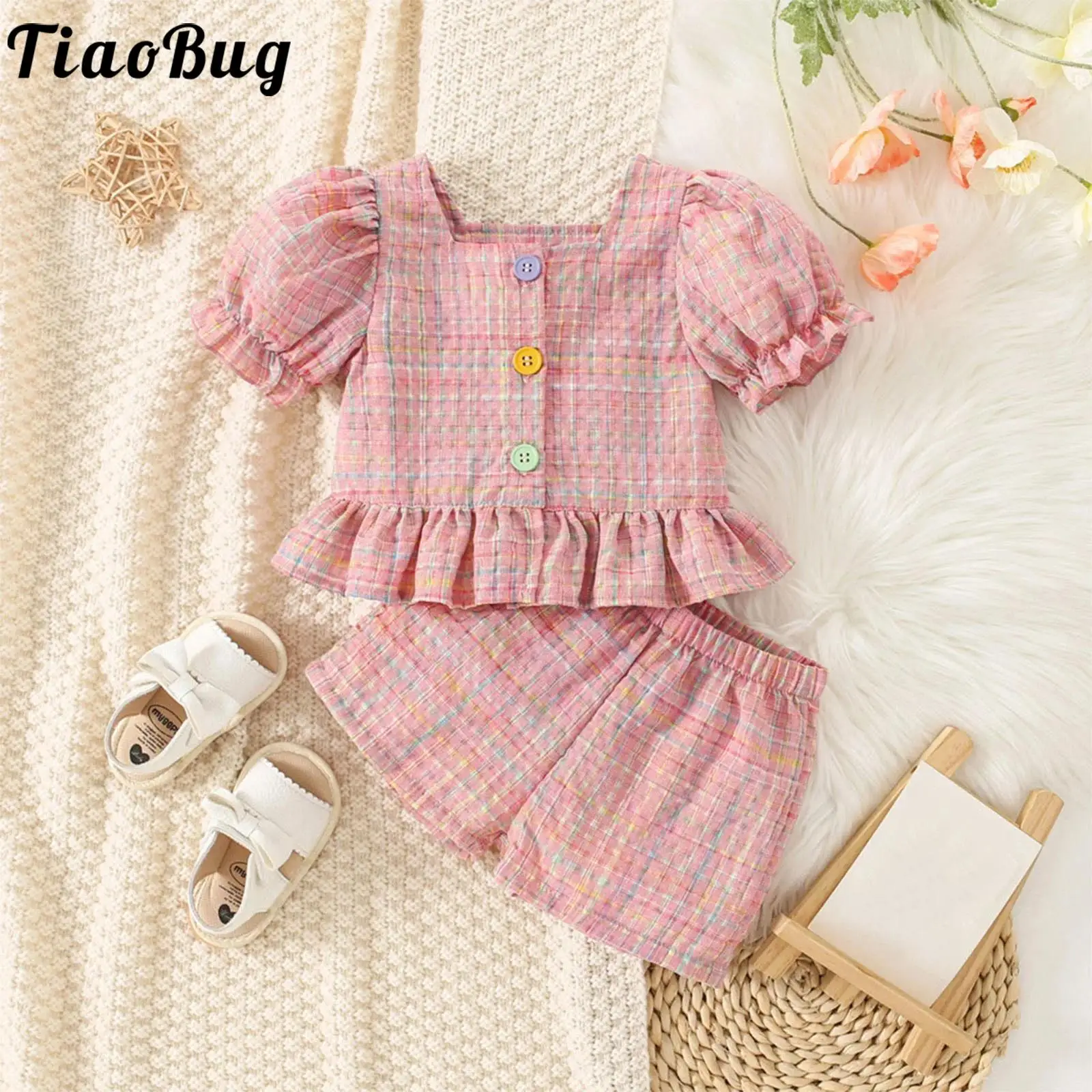Conjunto de cuadros para niña de verano con blusa y pantalón corto - imagen 5