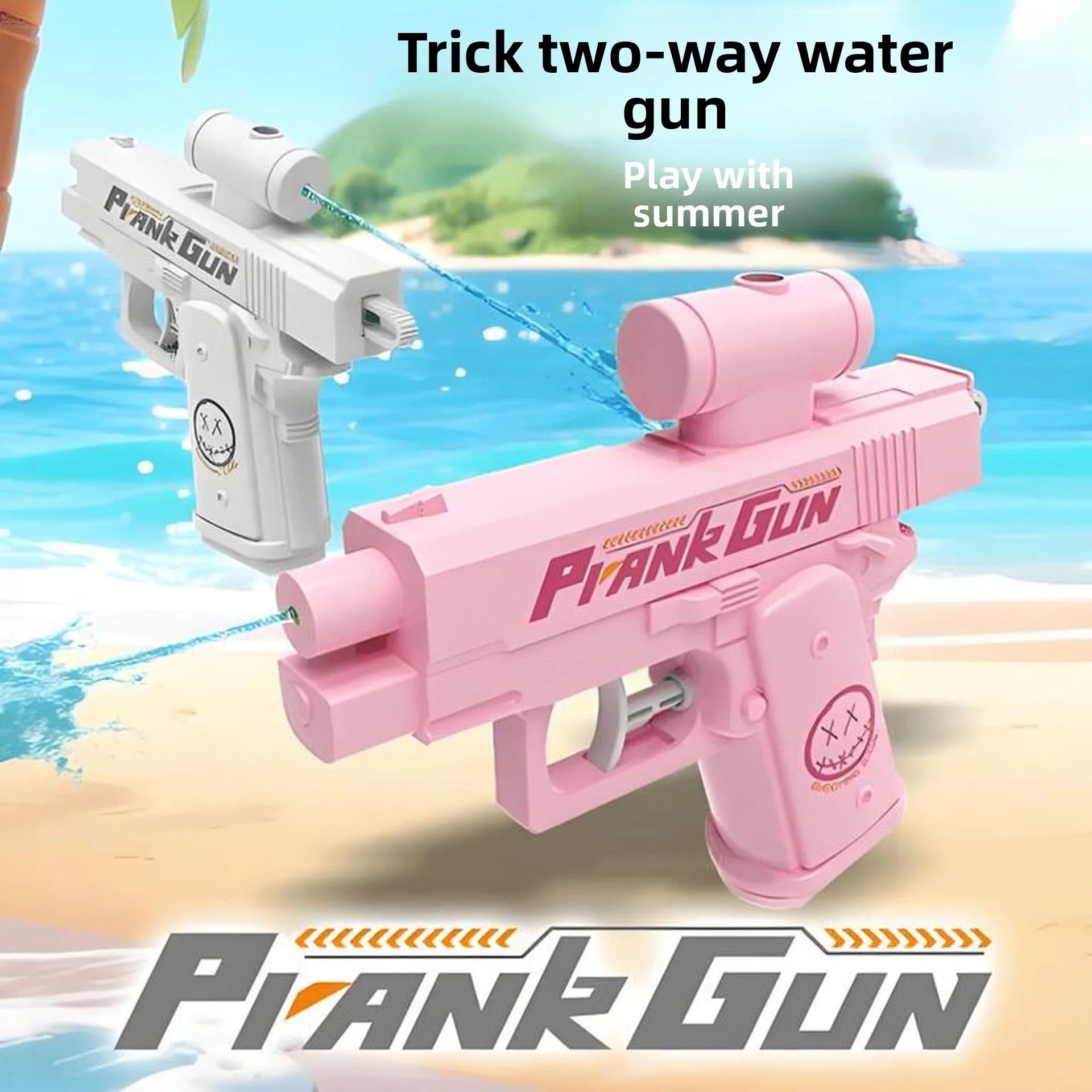 Familia disfrutando con pistolas de agua en la piscina