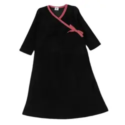 Vestido de velour negro para niña con cuello V y lazo contraste