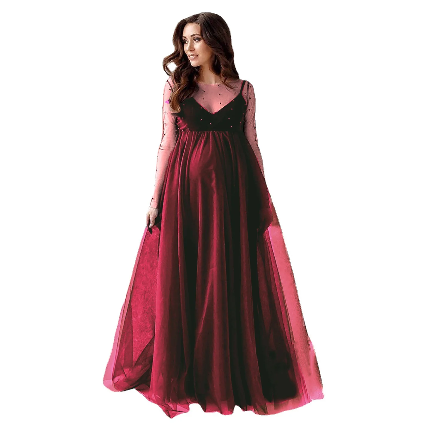 Vestido maternity de malla manga larga – Cuello barco para sesiones de fotos - imagen 5