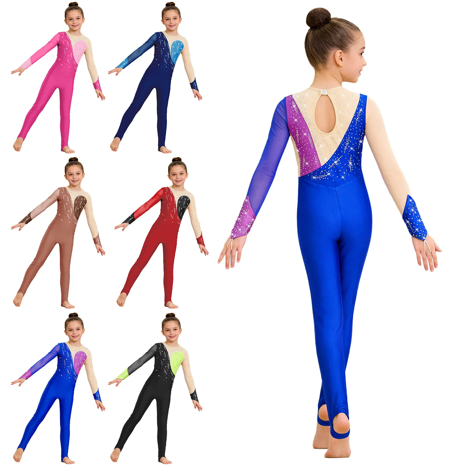 Maillot de gimnasia artística para niñas con pedrería y mangas largas