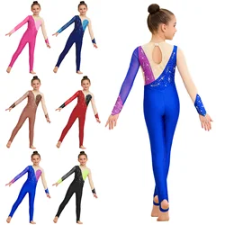 Maillot de gimnasia artística para niñas con pedrería y mangas largas