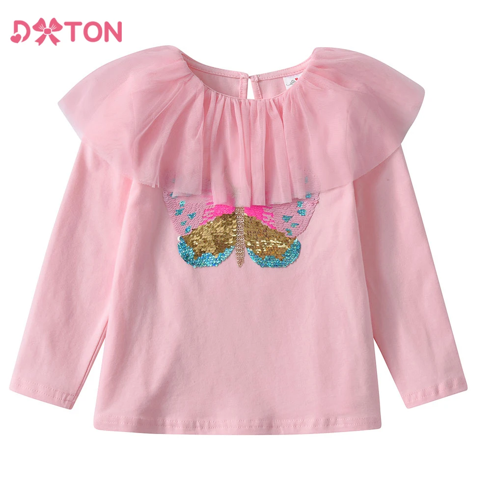 DXTON Camisetas de manga larga para niñas rosa con cuello redondo