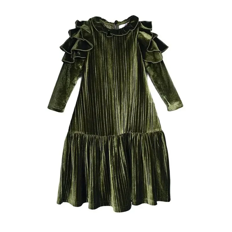 Vestido elegante de niña con mangas capa color oliva de invierno