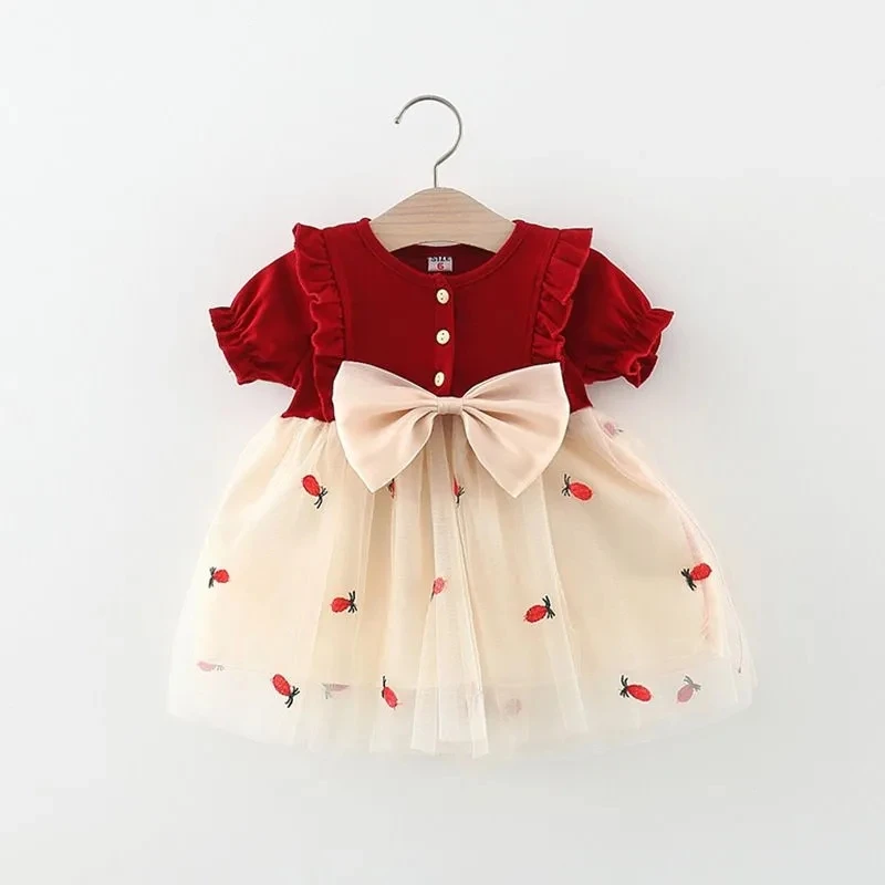 Vestido princesa francés bebé cuello redondo estampado fresa primavera